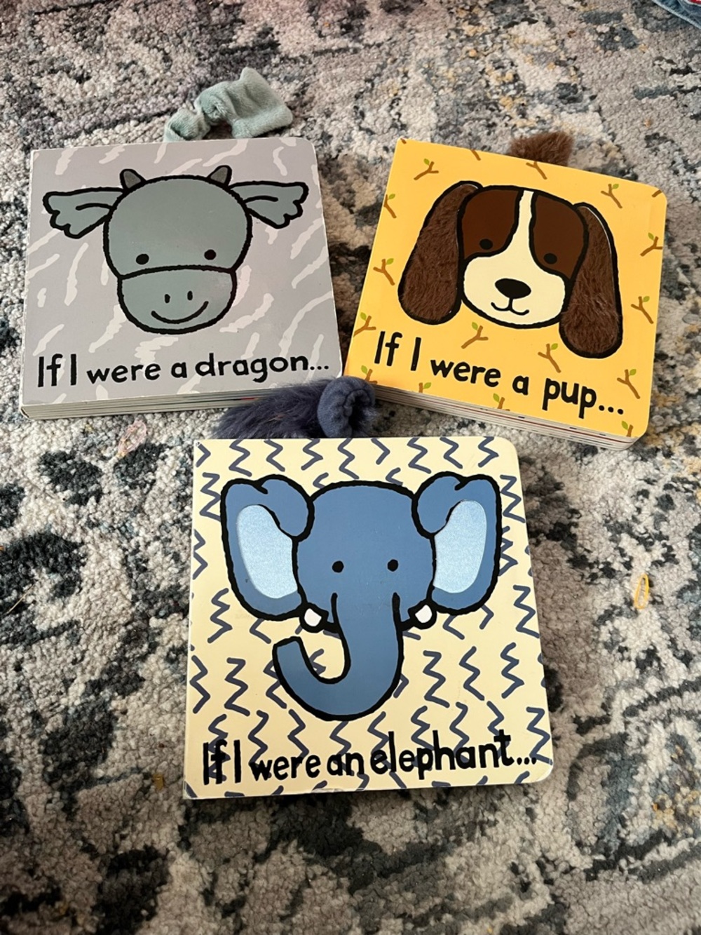 Jellycat Board Book Set with Blue Elephant, Gray Dragon & Brown Pup